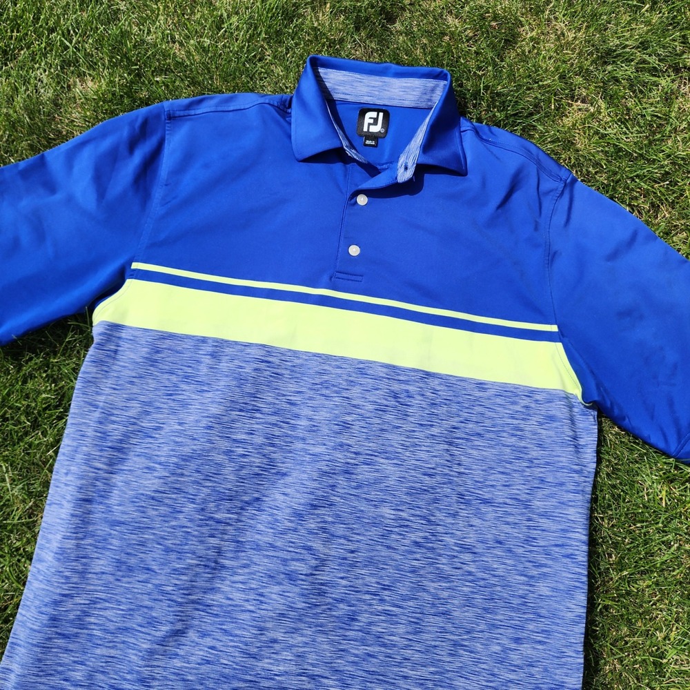 FootJoy Golf Polo Men Large Performance Stretch Blue Lime Space Dye Striped
